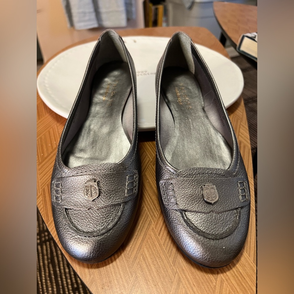 Talbots Dark Pewter Slip-Ons with cute crest